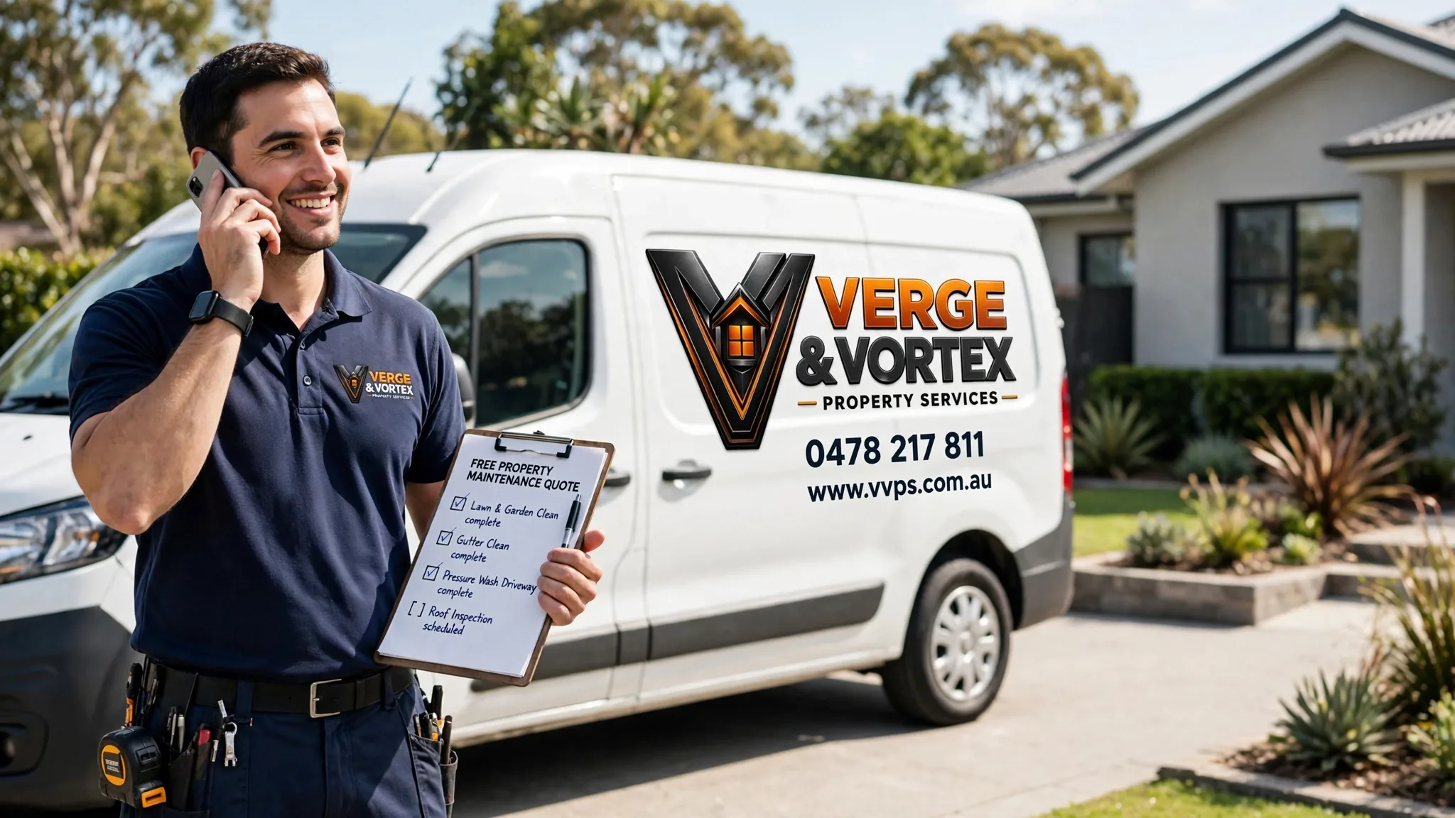 Person in Verge and Vortex workwear on a phone call beside a branded service van, holding a property-care checklist