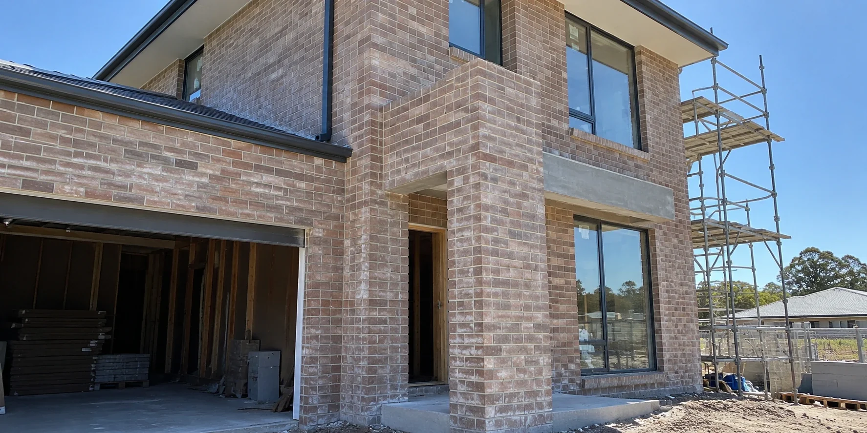 Illustrative new brick home before brick washing, with construction residue still visible