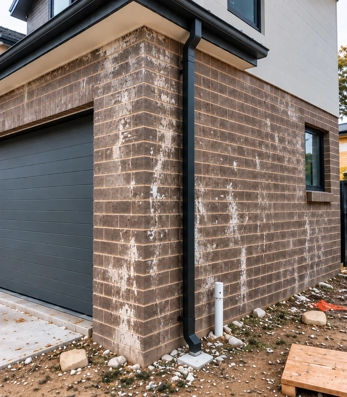 Illustrative brick corner with mortar smears and construction residue still visible