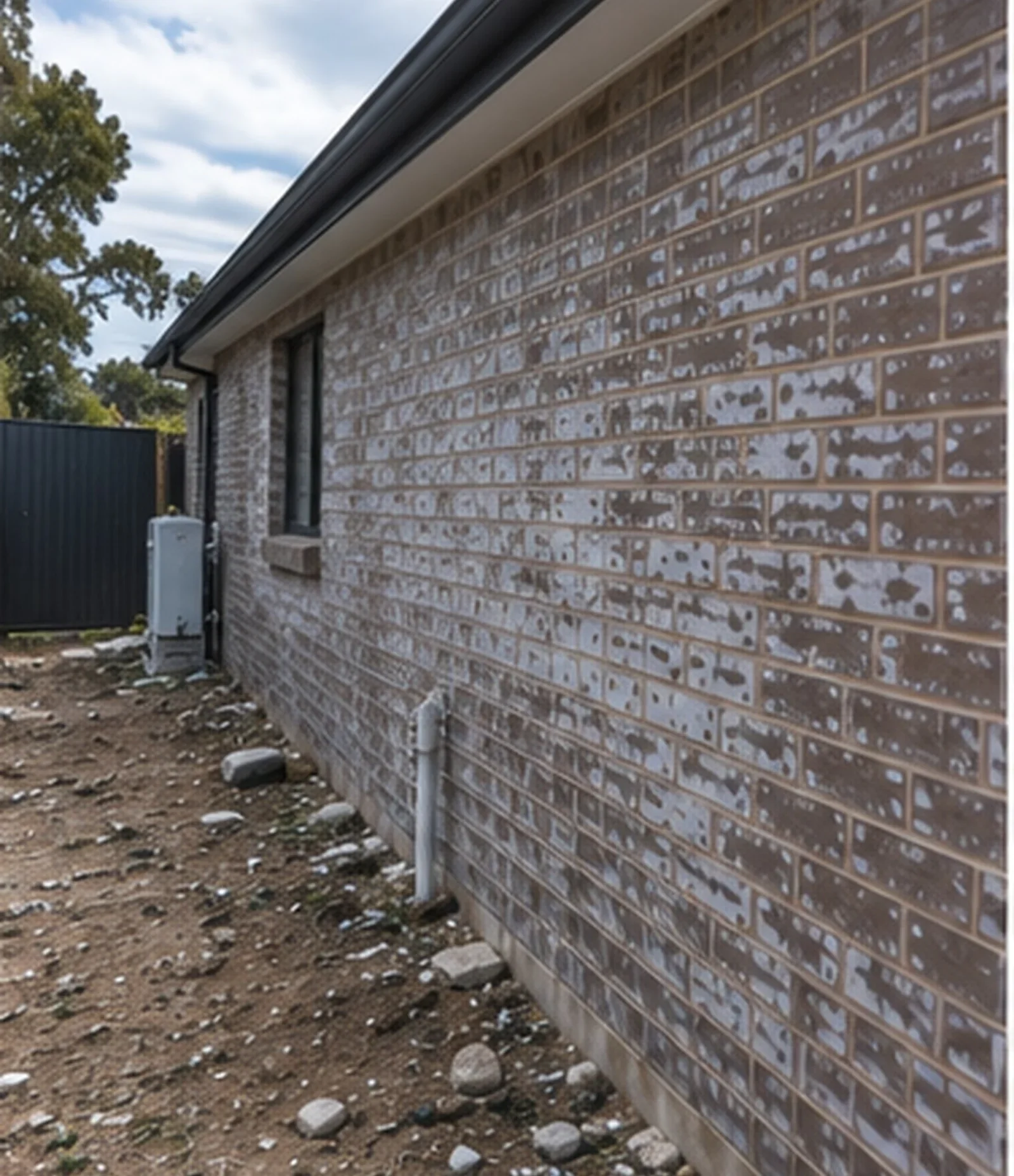 Illustrative brick side wall with mortar residue along the wall face