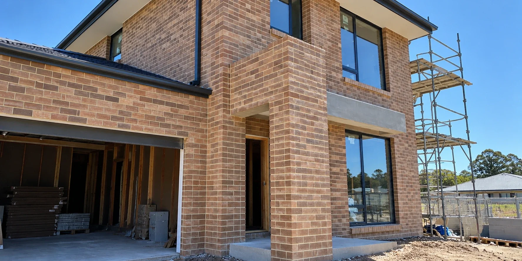 Illustrative new brick home after brick washing, with mortar residue reduced