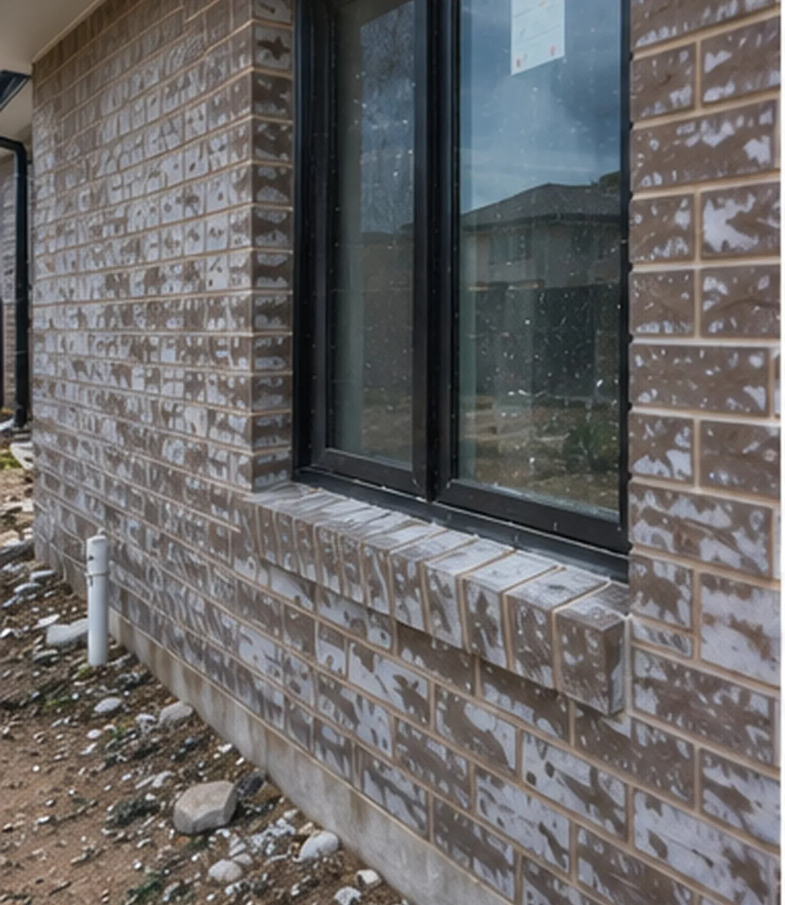 Illustrative window brickwork before cleaning, with mortar around the opening