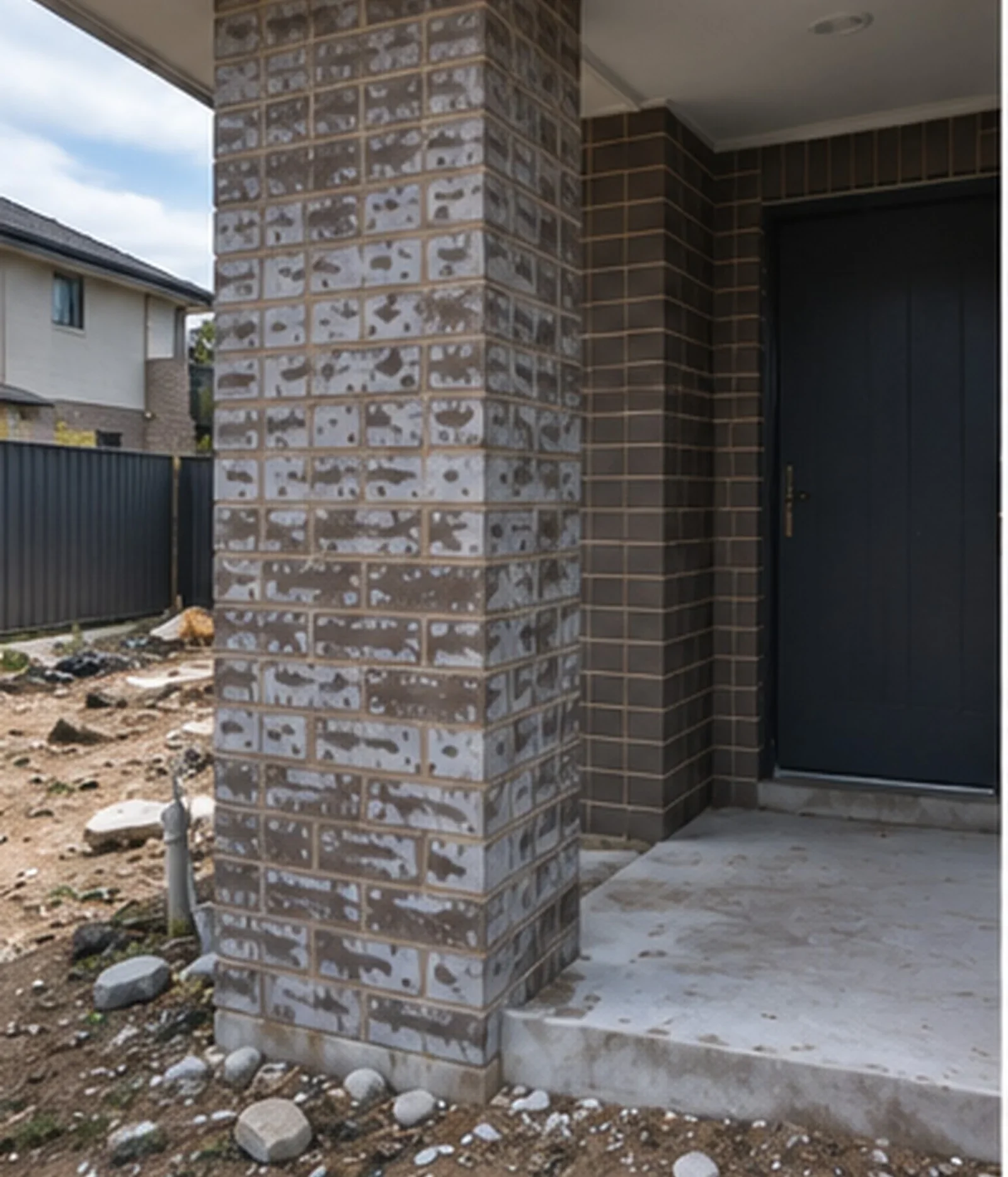 Illustrative brick entry porch before cleaning, with mortar smears on the brick face