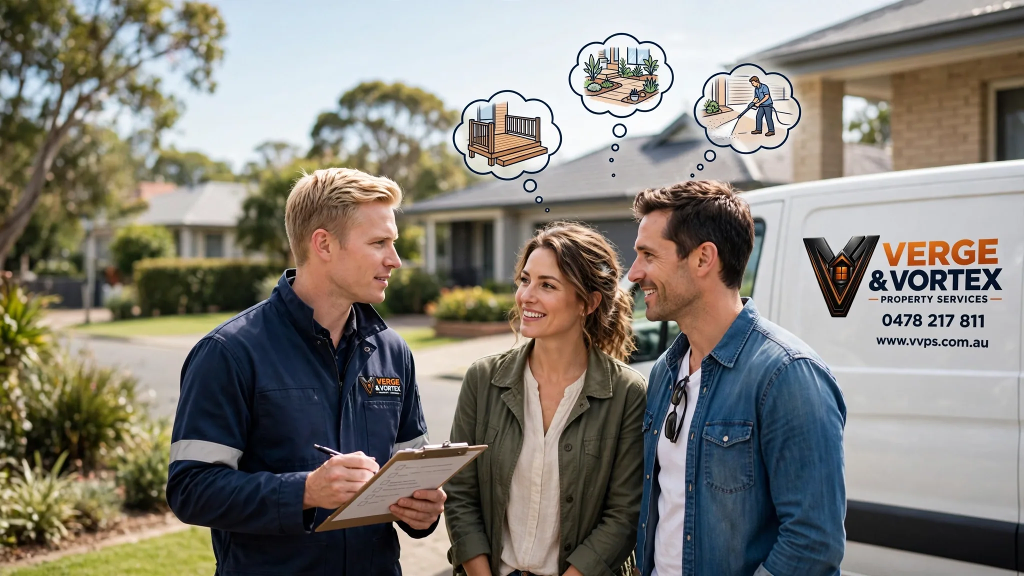 Person in Verge and Vortex workwear discussing an outdoor project with two homeowners, with illustrated ideas for a deck, garden and pressure washing