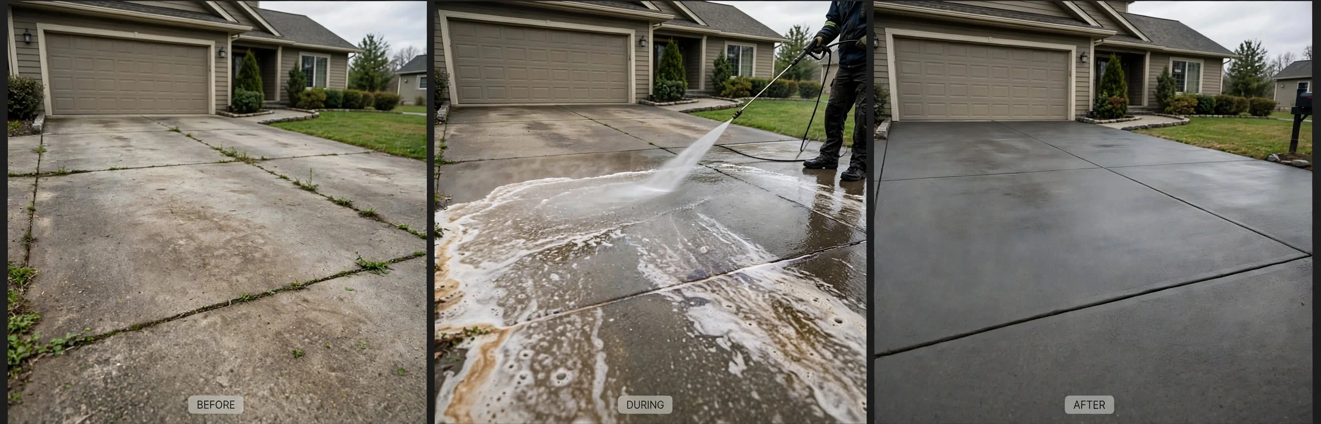 Concrete driveway pressure cleaning as part of cleaning and sealing preparation