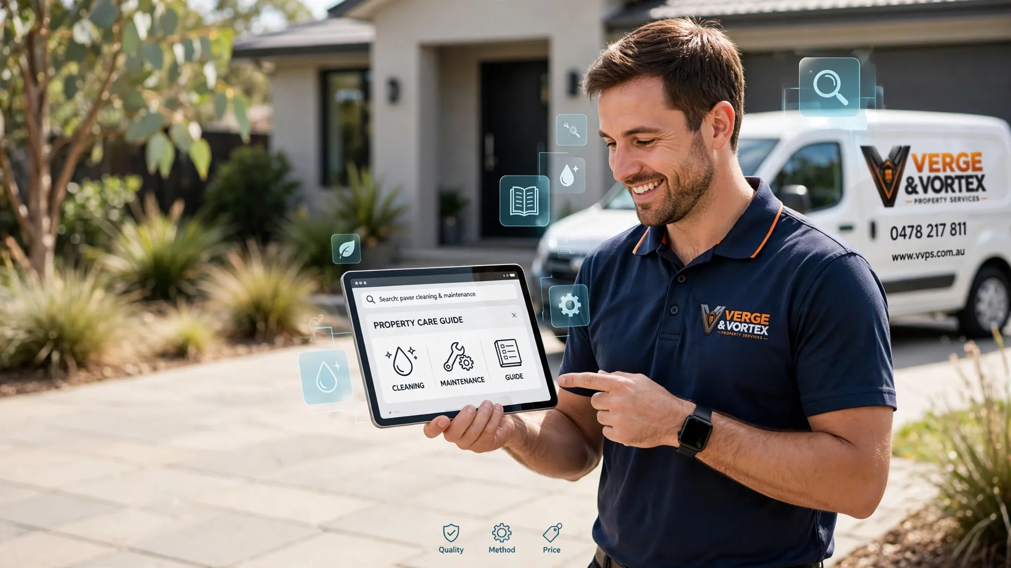 Person in Verge and Vortex workwear holding a tablet showing a property care guide, with a branded van in the background