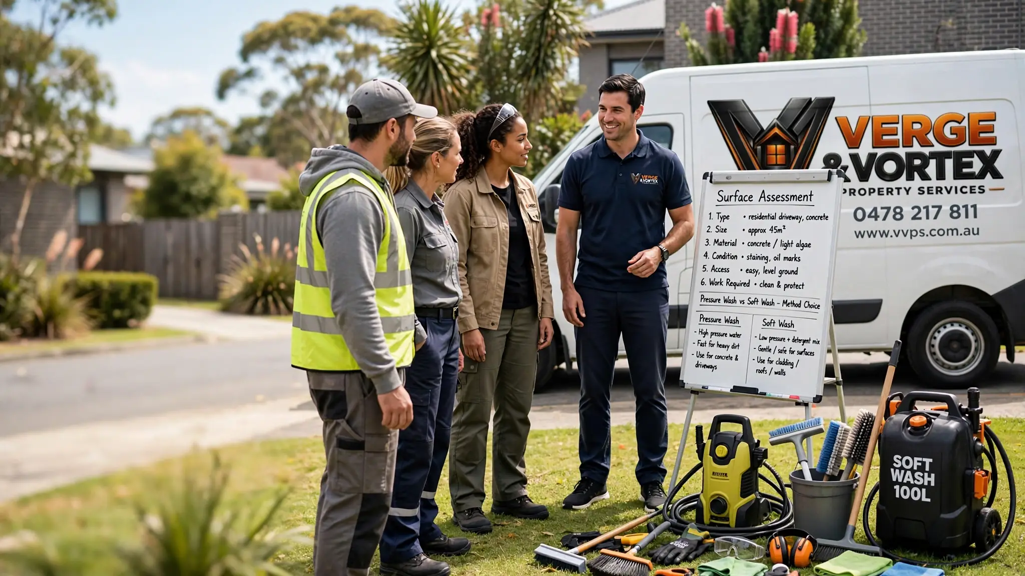 Outdoor property-maintenance training scene with a surface-assessment whiteboard, cleaning equipment and a Verge and Vortex van