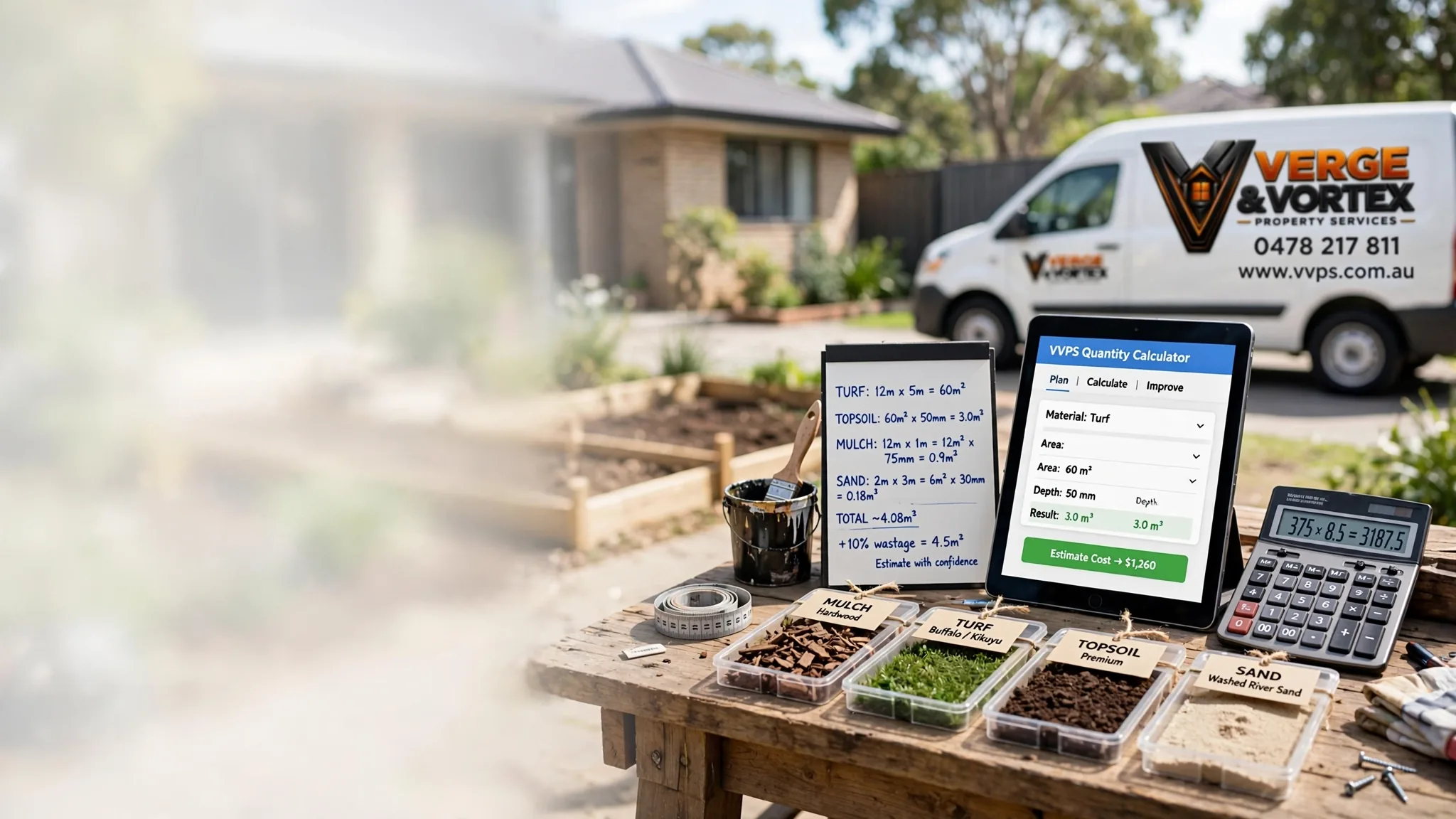 Outdoor workbench with a quantity calculator tablet, labelled material samples and a Verge and Vortex van
