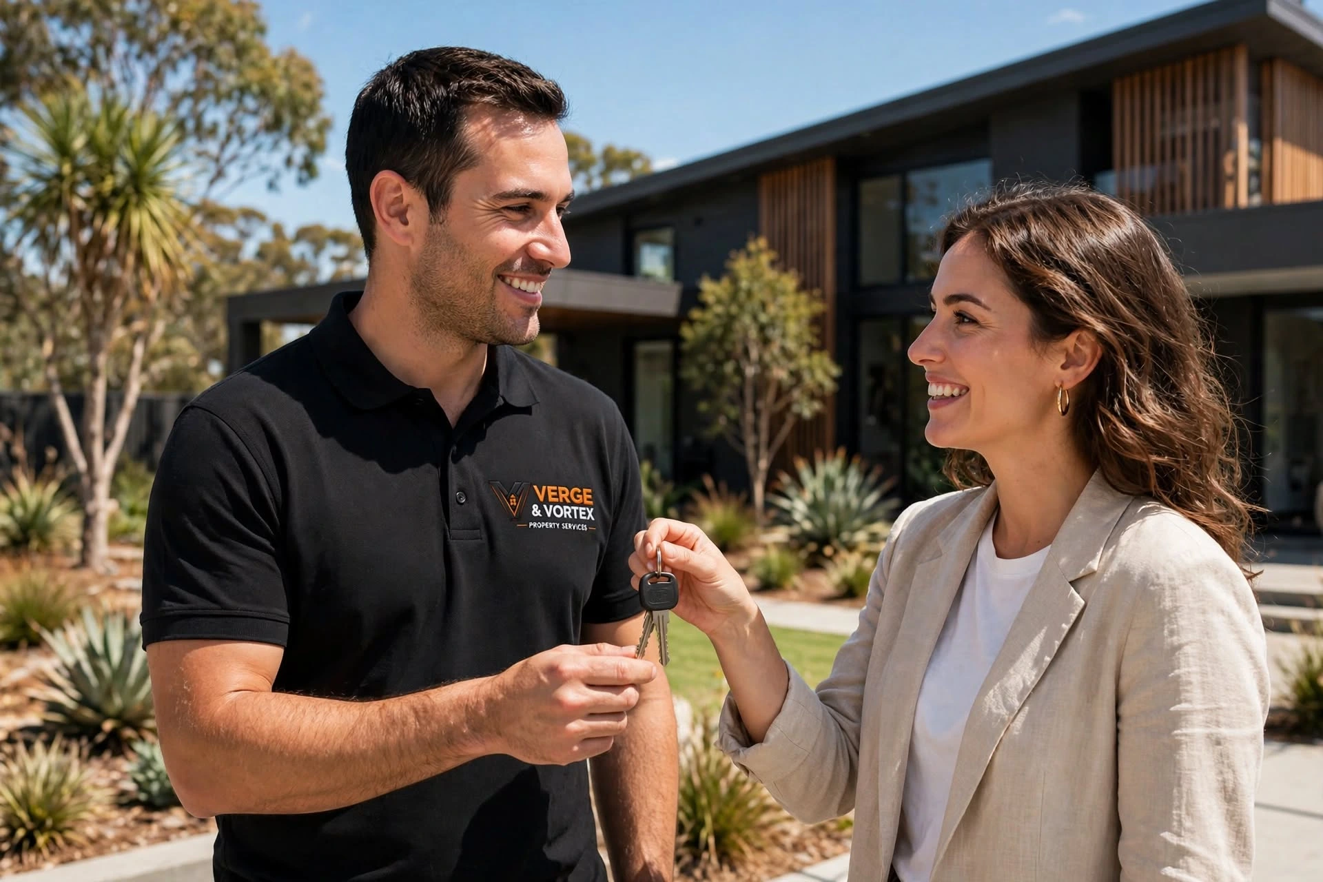 A Verge & Vortex team member handing keys to a client in front of a presented home