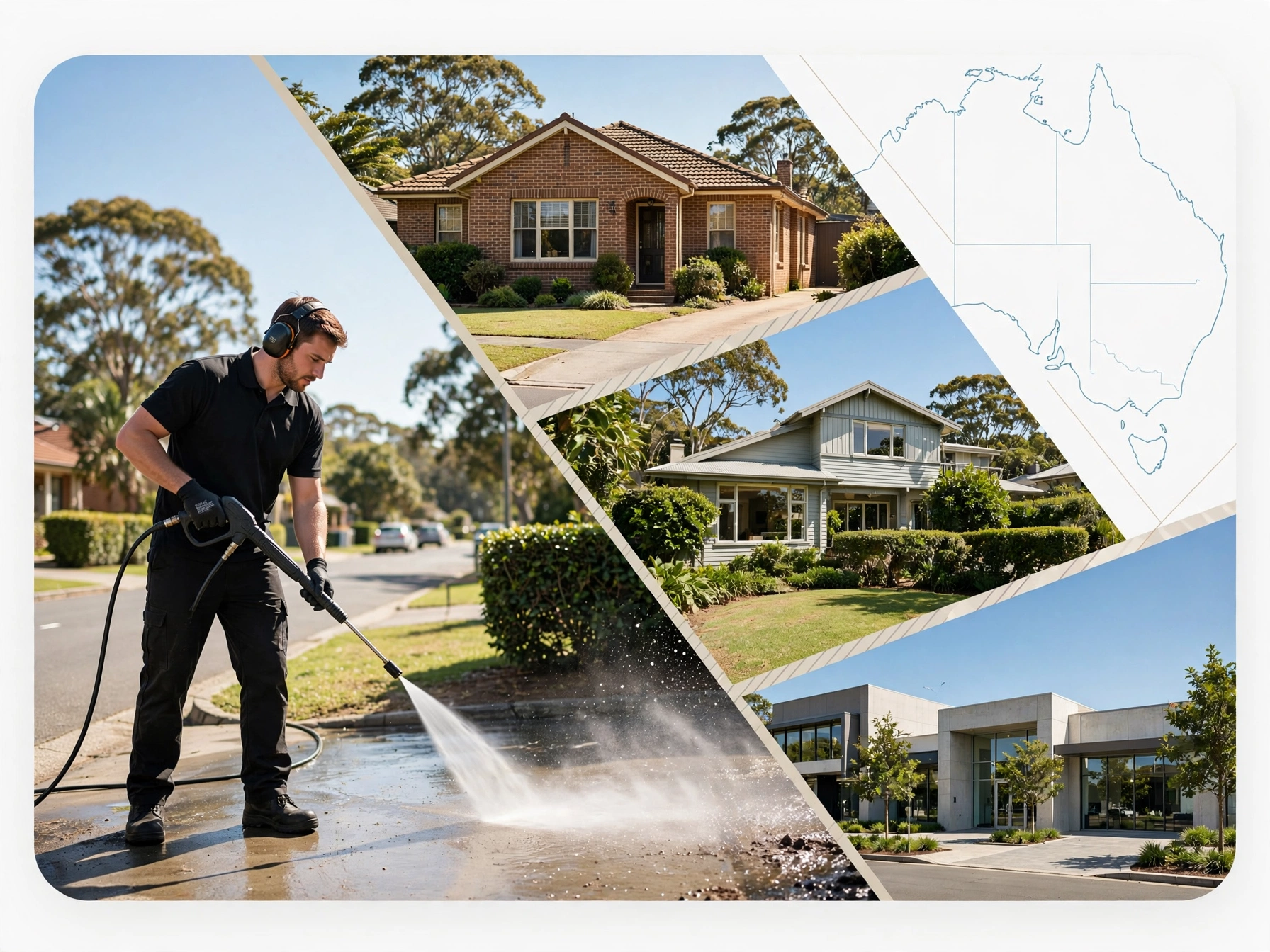 Verge and Vortex operator pressure washing a driveway, with residential and commercial properties and a map of Australia