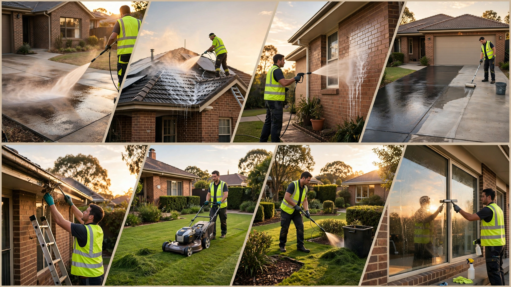Verge and Vortex workers carrying out outdoor property care, including pressure washing, brick cleaning, driveway sealing, gutter cleaning, lawn and garden care, and window cleaning